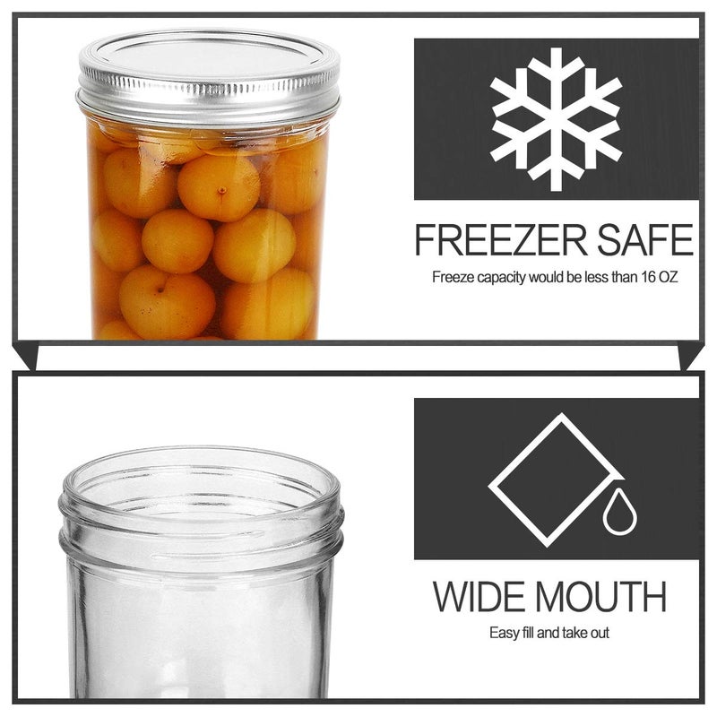 KAMOTA Wide Mouth Mason Jars 16 oz With Regular Lids and Bands, Ideal for Jam, Honey, Wedding Favors, Shower Favors, Baby Foods, DIY Spice Jars, 12 PACK, 12 Silver Pipette Covers Included - Image 4